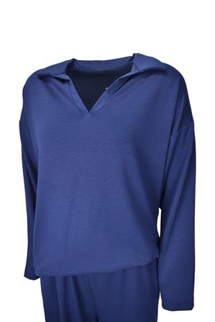 Rahat Kalıp Polo Yaka Modal Kumaş Uzun Kollu Eşofman Takımı  - Lacivert