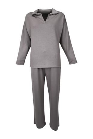 Rahat Kalıp Polo Yaka Modal Kumaş Uzun Kollu Eşofman Takımı  - Vizon