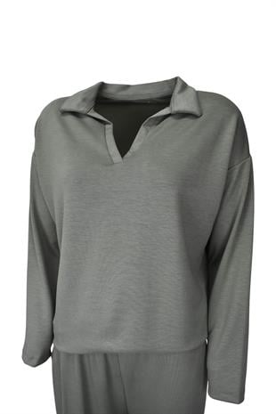 Rahat Kalıp Polo Yaka Modal Kumaş Uzun Kollu Eşofman Takımı  - Yeşil