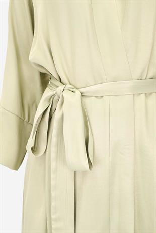 Kadın Saten Kumaş Kuşaklı Kimono Takımı-Sarı