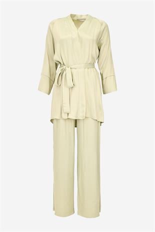 Kadın Saten Kumaş Kuşaklı Kimono Takımı-Sarı