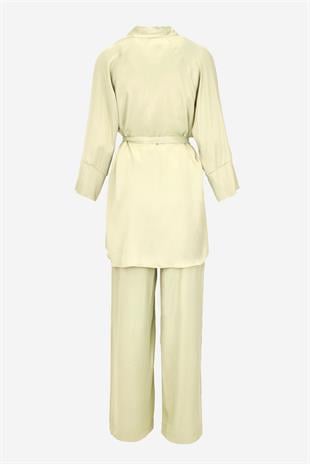 Kadın Saten Kumaş Kuşaklı Kimono Takımı-Sarı