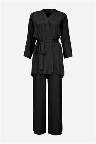 Kadın Saten Kumaş Kuşaklı Kimono Takımı-Siyah