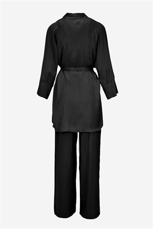 Kadın Saten Kumaş Kuşaklı Kimono Takımı-Siyah