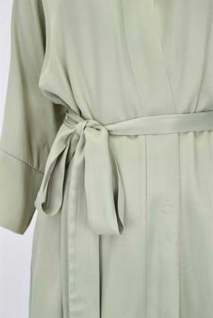 Kadın Saten Kumaş Kuşaklı Kimono Takımı-Mint Yeşil