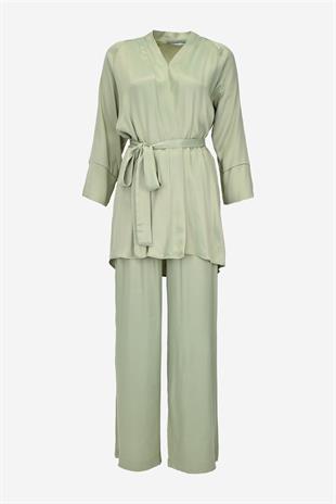 Kadın Saten Kumaş Kuşaklı Kimono Takımı-Mint Yeşil