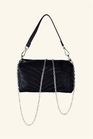 Siyah Şerit Taşlı Mini El ve Omuz Çantası - Siyah