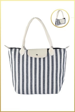 Siyah-Beyaz Çizgili Shopper Çanta ve Bordo Pia Mini Çanta Seti