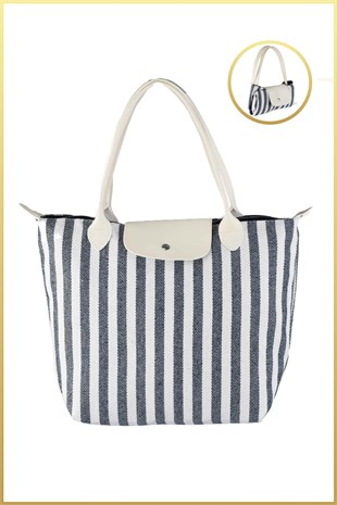 Siyah-Beyaz Çizgili Shopper Çanta ve Lila Belly Kadın Midi Boy El ve Omuz Çantası 
