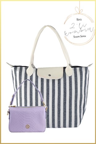 Siyah-Beyaz Çizgili Shopper Çanta ve Lila Belly Kadın Midi Boy El ve Omuz Çantası 