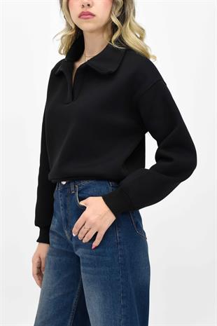 Yakalı Kısa Sweatshirt - Siyah