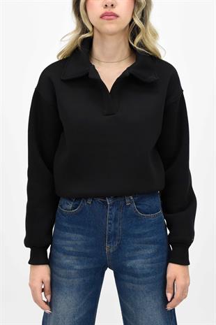  Yakalı Kısa Sweatshirt - Siyah