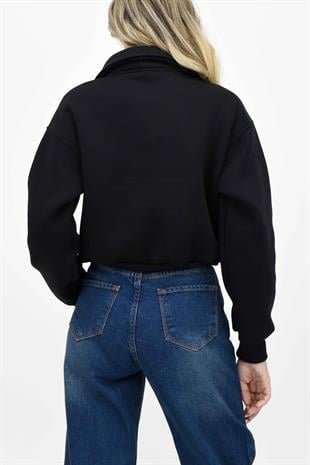  Yakalı Kısa Sweatshirt - Siyah