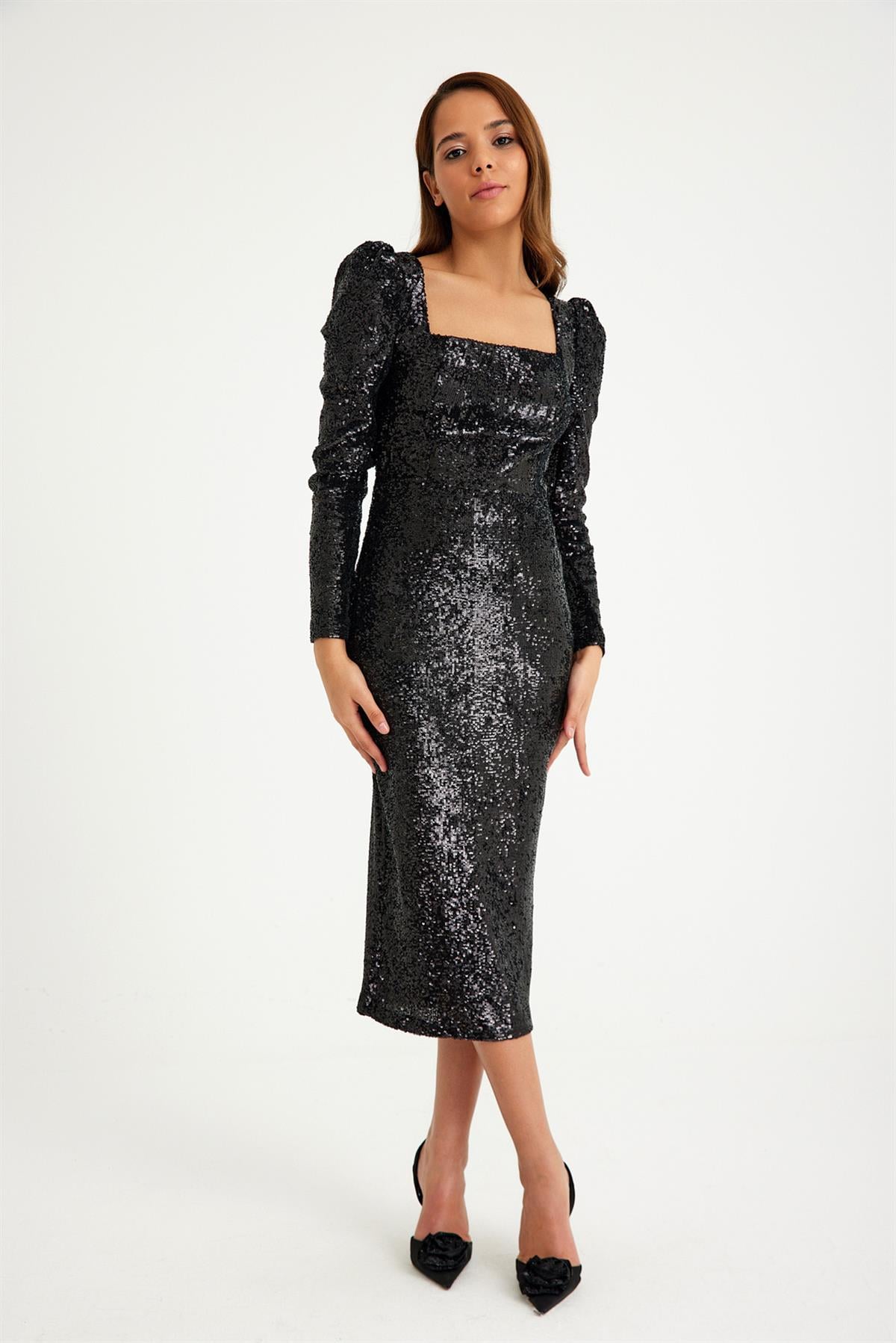 bonteselBontesel Midi Boy Arka Yırtmaç Detaylı Payet Kumaş Siyah Abiye Elbise Davet Elbisesibnt55279