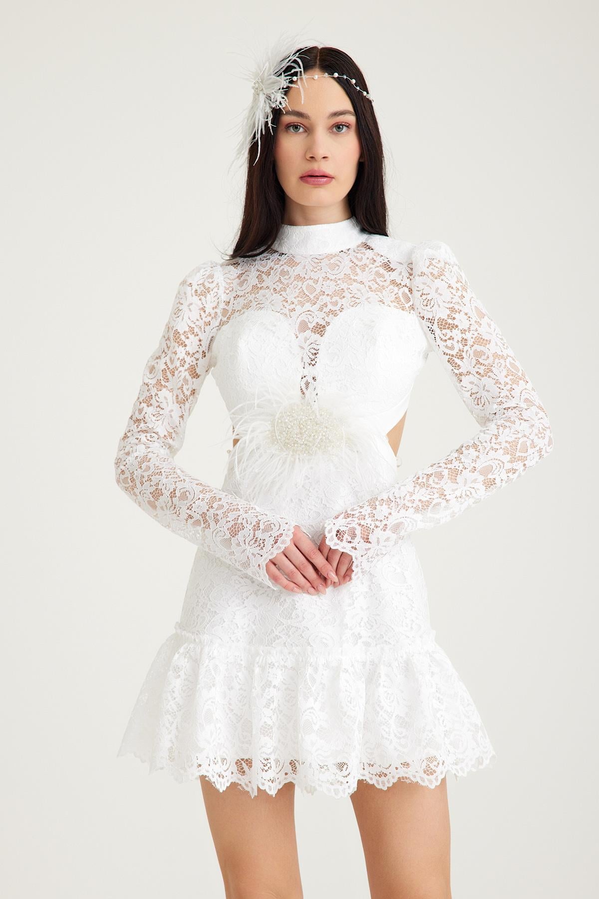 bonteselNişan Elbisesi After Party Elbisesi Dış Çekim Elbisesi Nikah Elbisesi Beyaz  El işi Kısa Elbisebnt55290