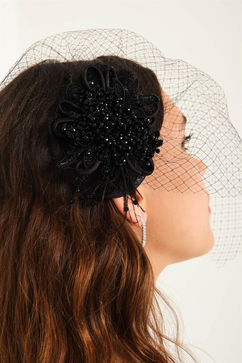 Gelin Nikah Kepi Gelin Şapkası Vualet Gelin Tokası Siyah Toka