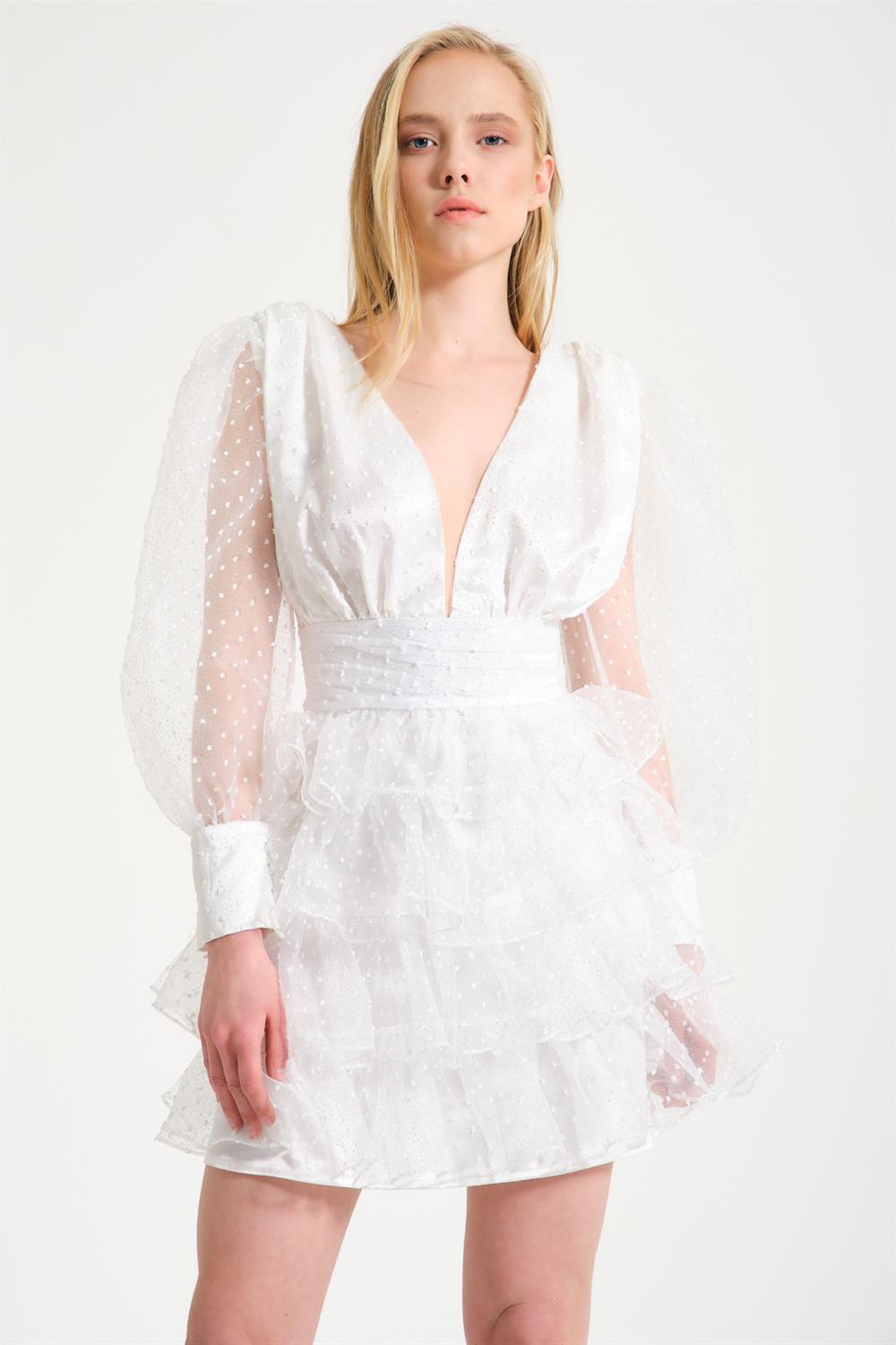 Bontesel Mini Sim Detaylı Nişan Söz Nikah Dış Çekim After Party Beyaz Abiye  Elbise