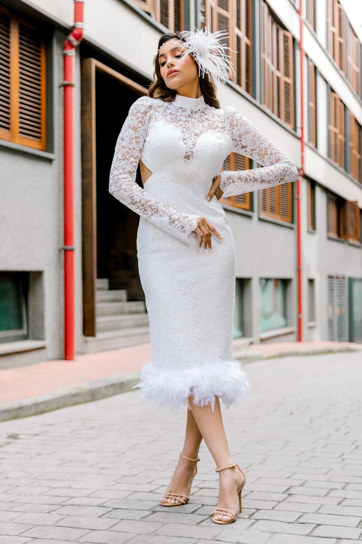 bonteselBeyaz Abiye Elbise Nikah Elbisesi Nişan Elbisesi Beyaz Elbise Dış çekim elbisesi After party elbisesibnt55291