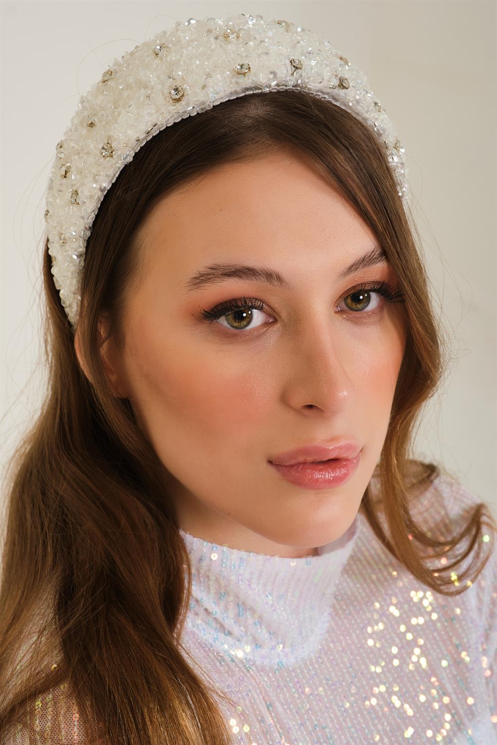 Gelin Tacı Gelin Saç Aksesuarı El İşlemeli Boncuk Pul Taş Detaylı Beyaz Gelin Tacı Nikah Tacı