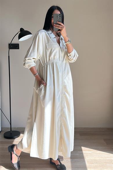 Bej Fermuarlı Elbise