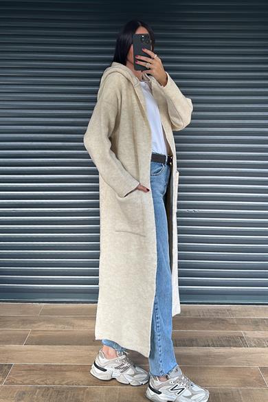 Bej Kapüşonlu Triko Hırka