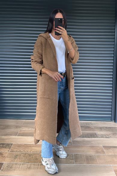 Camel Kapüşonlu Triko Hırka