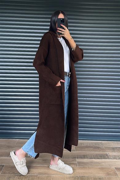 Kahve Kapüşonlu Triko Hırka