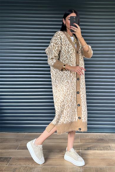 Kahve Leopar Triko Hırka