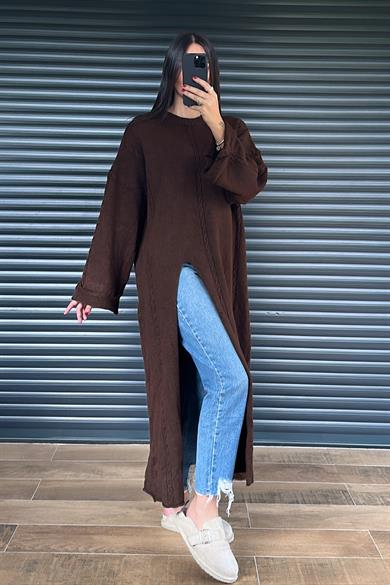 Kahve Yırtmaçlı Triko Elbise