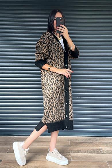 Siyah Leopar Triko Hırka