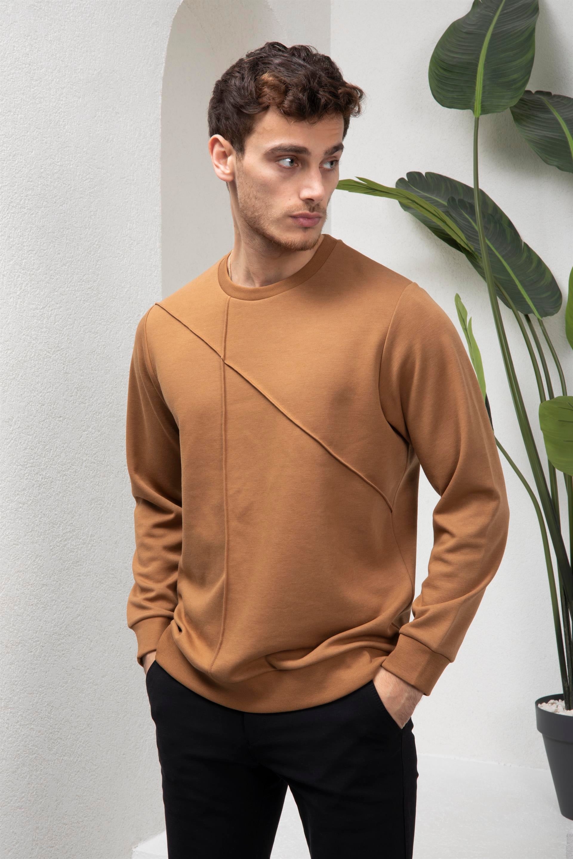 Erkek Camel Bisiklet Yaka %100 Pamuk Sweatshirt