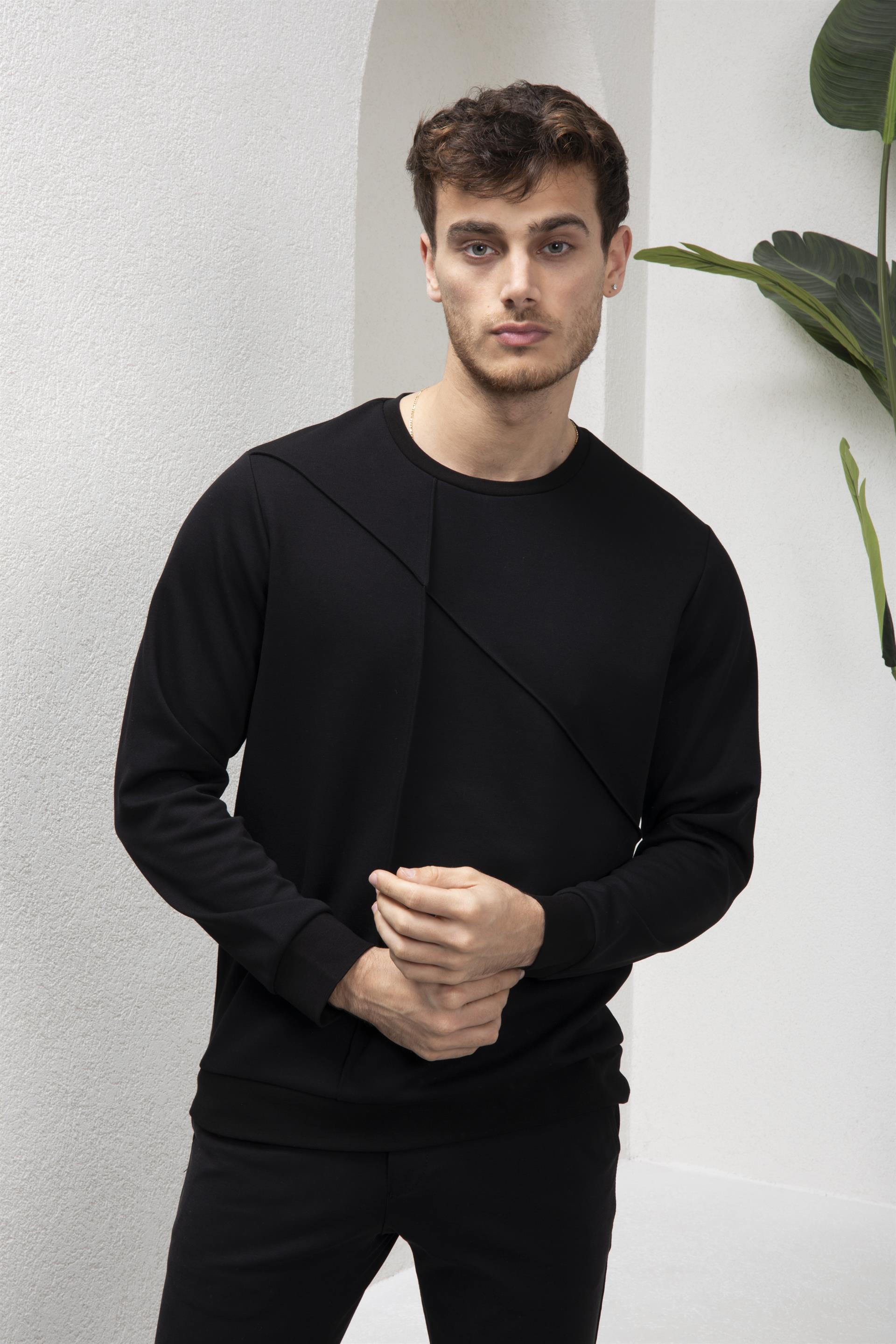 Erkek Siyah Bisiklet Yaka %100 Pamuk Sweatshirt