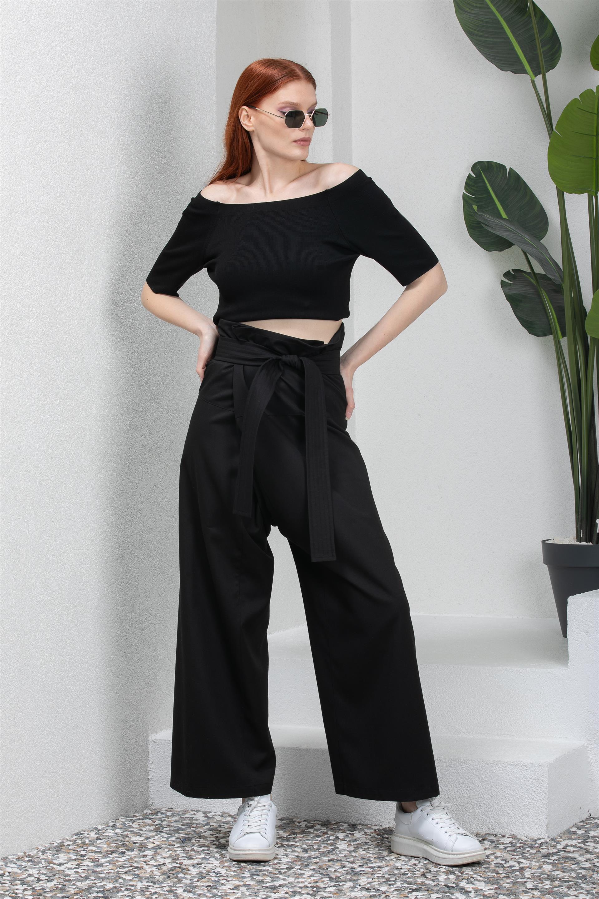 Kadın Beli Bağlamalı Kemer Detaylı Gabardin Pantolon