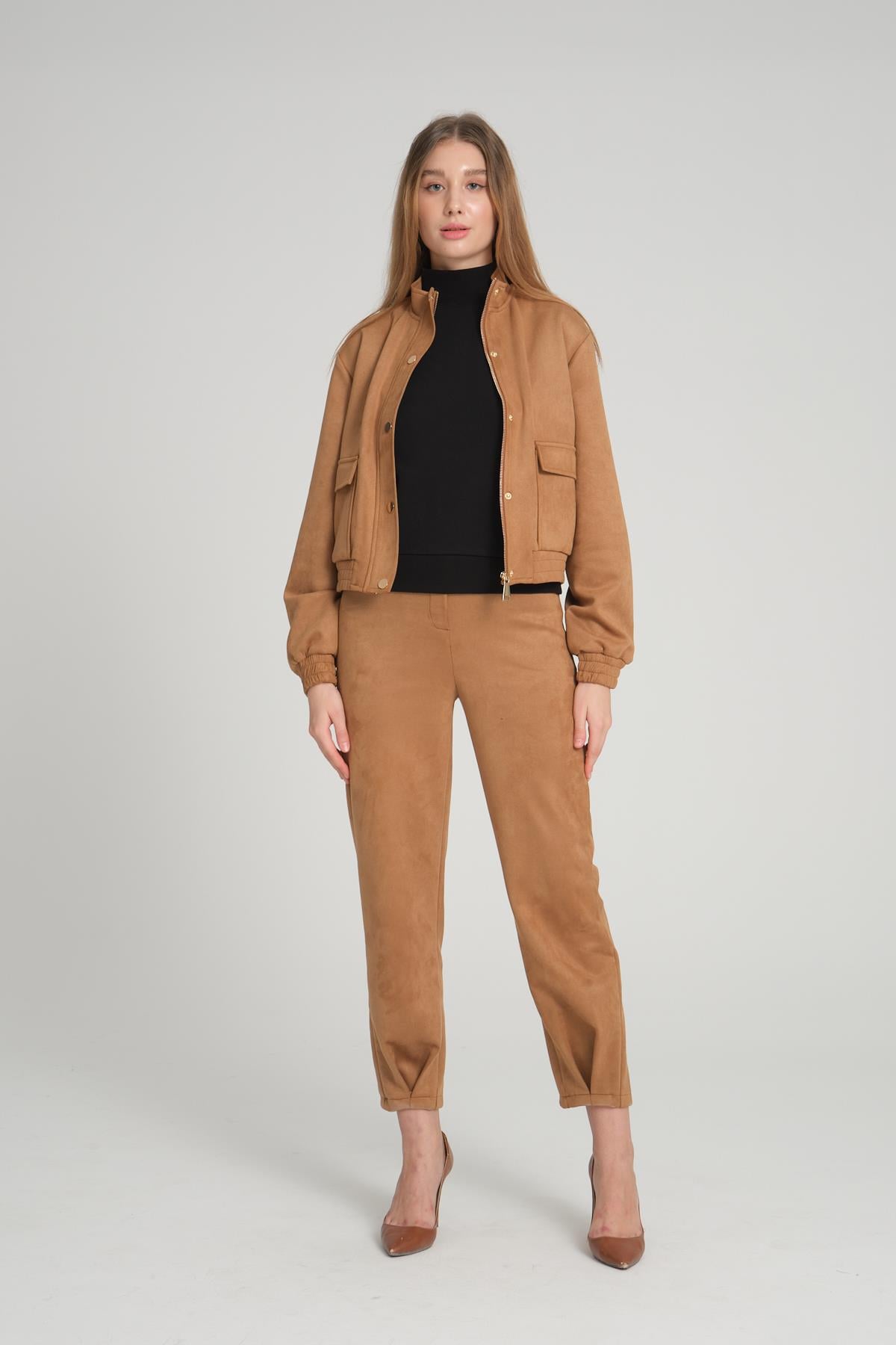 Kadın Süet Görünümlü Camel Ceket-Pantolon Takım