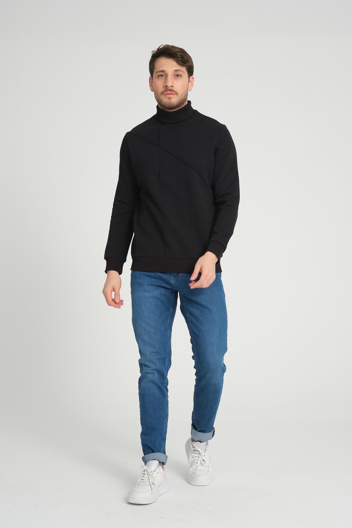 Erkek Siyah Balıkçı Yaka %100 Pamuk Sweatshirt