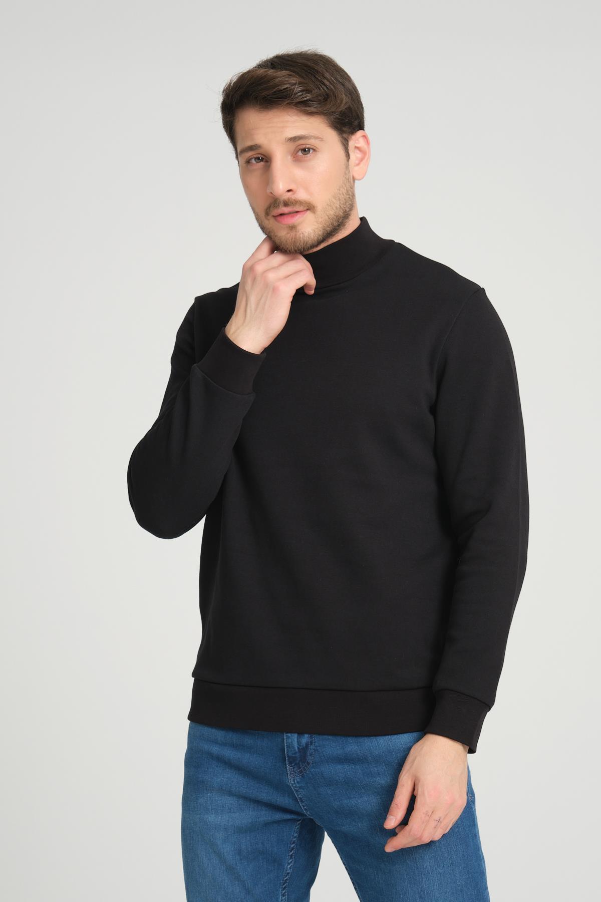 Erkek Siyah Yarım Balıkçı Yaka %100 Pamuk Sweatshirt