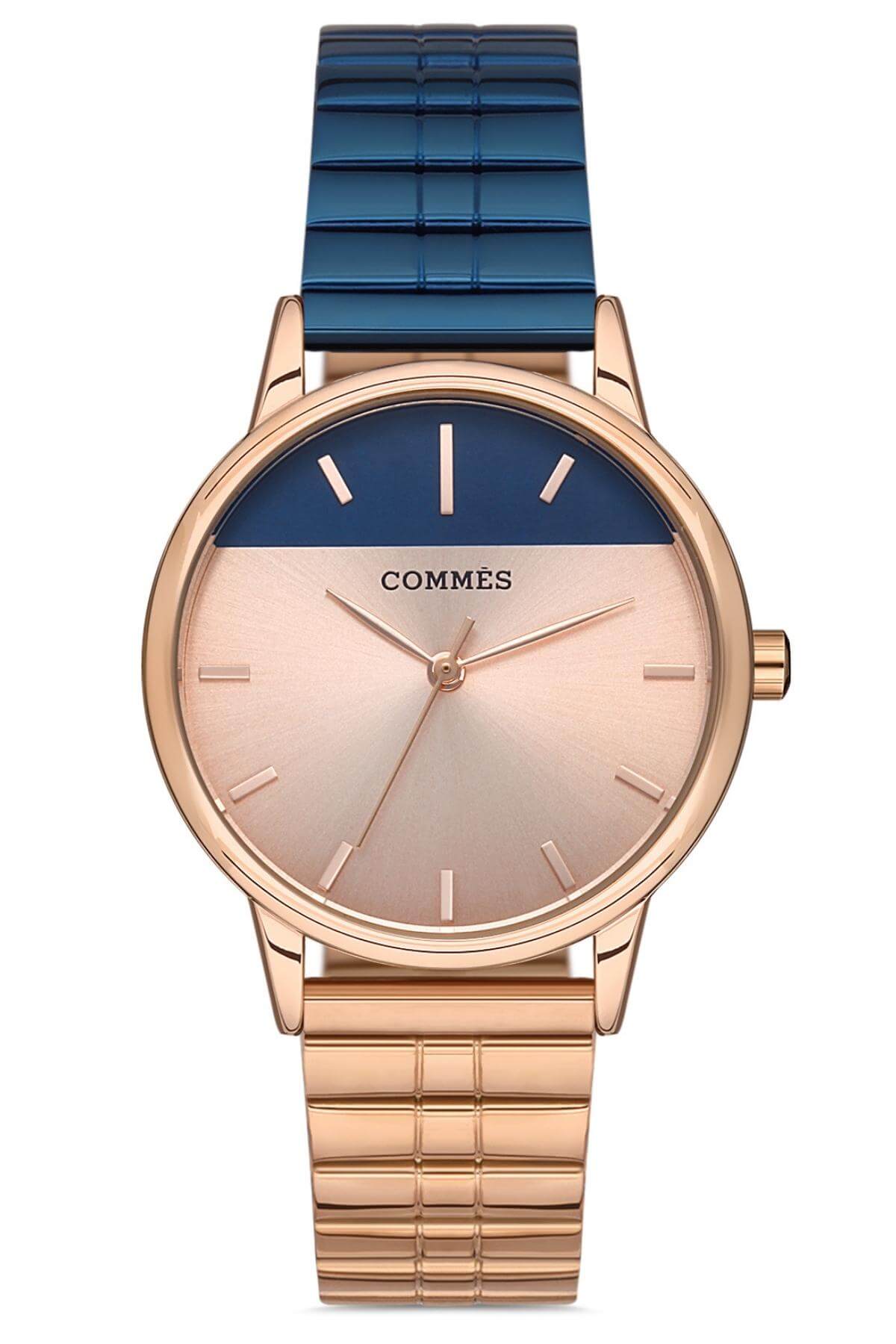 Commes Çelik Çift Renk Kordon Rose Gold Mavi Renk Kadın Klasik Kol Saati 0370-RRM