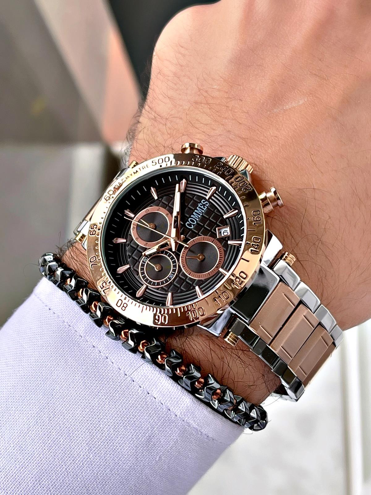 Commes Çelik Kordon Kronometre ve Takvimli Gümüş Rose Gold Renk Unisex Klasik Kol Saati CM1904-SRB