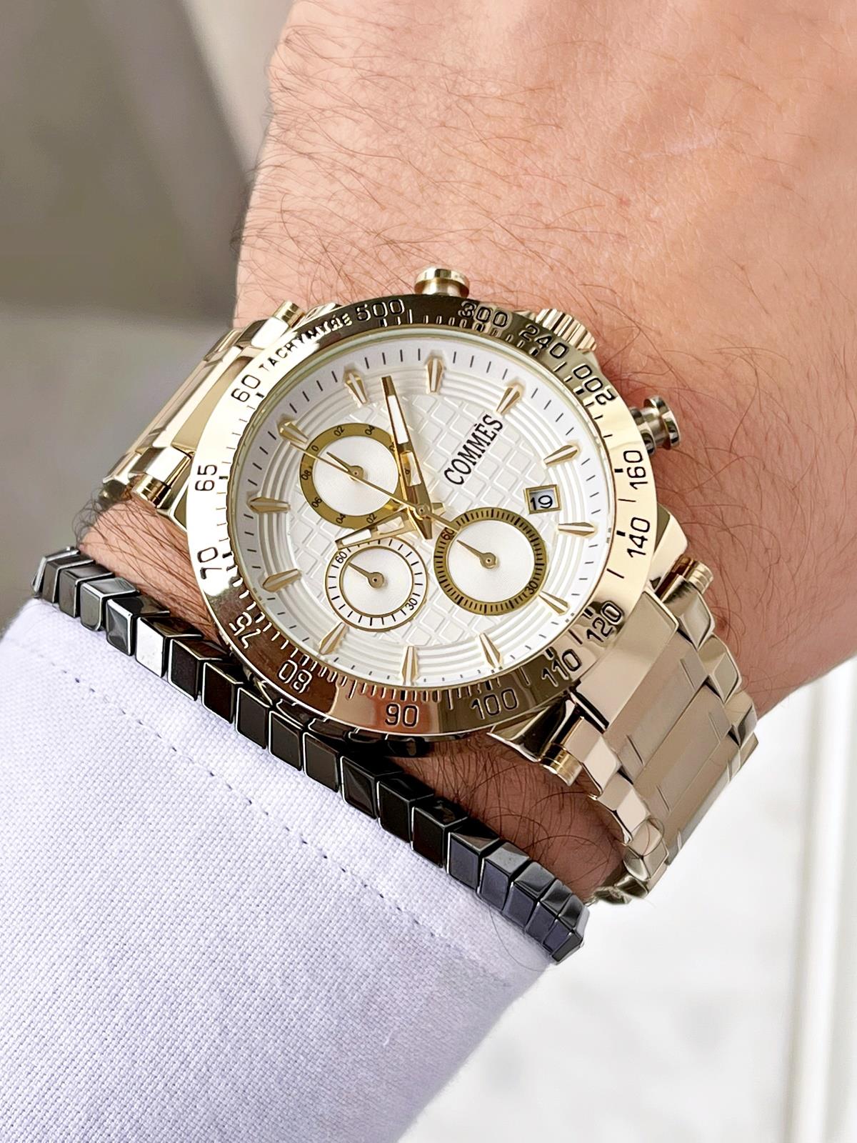 Commes Çelik Kordon Kronometre ve Takvimli Altın Renk Unisex Klasik Kol Saati CM1904-GGW