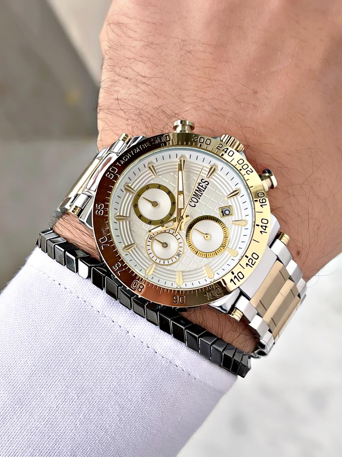 Commes Çelik Kordon Kronometre ve Takvimli Gümüş Altın Renk Unisex Klasik Kol Saati CM1904-SGW