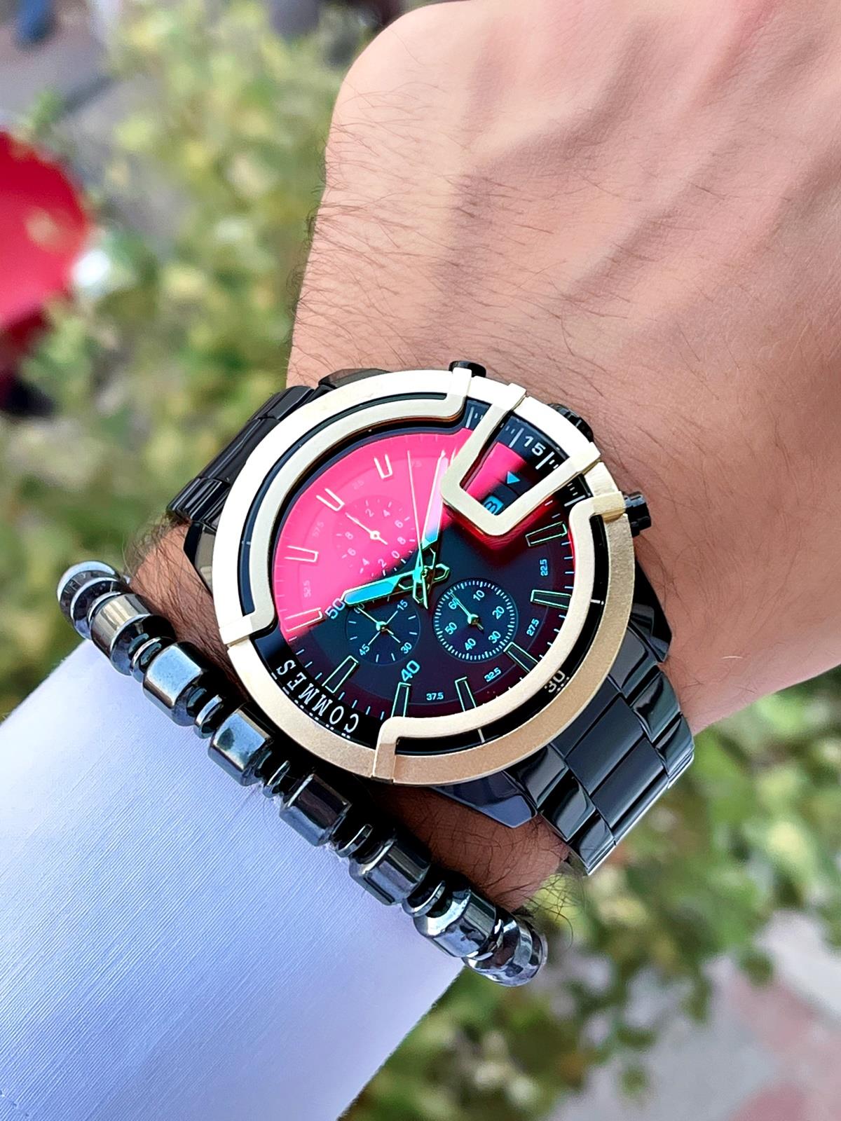 Commes Çelik Kordon Kronometre ve Takvimli Mavi Rose Gold Renk Unisex Klasik Kol Saati CM1905-MRB