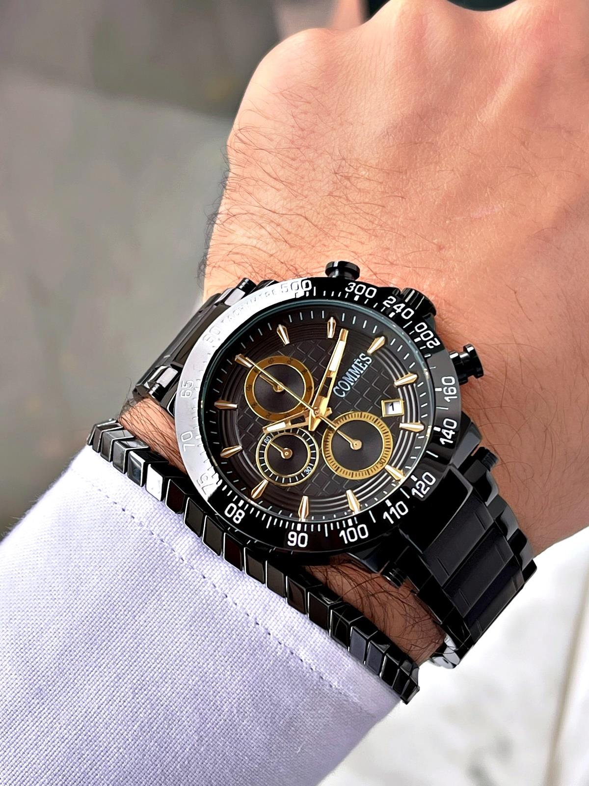 Commes Çelik Kordon Kronometre ve Takvimli Siyah Altın Renk Unisex Klasik Kol Saati CM1904-BBG