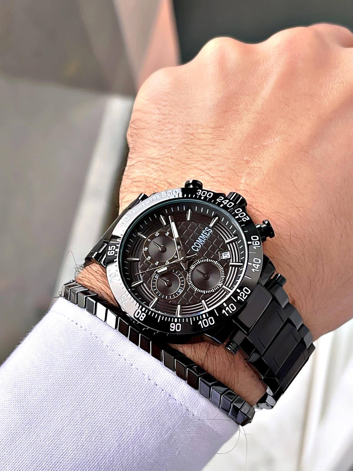 Commes Çelik Kordon Kronometre ve Takvimli Siyah Renk Unisex Klasik Kol Saati CM1904-BBB