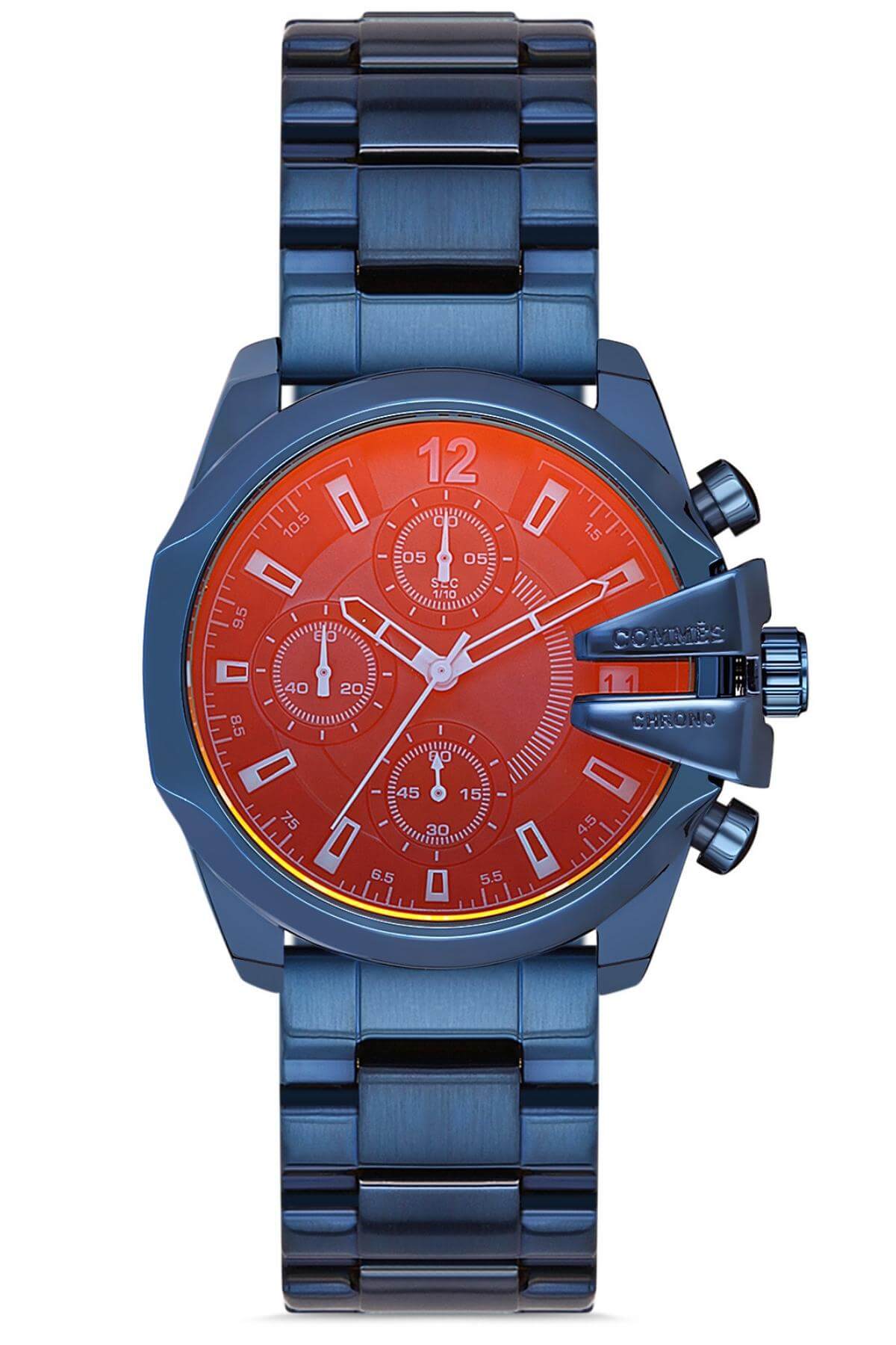 Commes Çelik Kordon Mavi Kırmızı Renk Özel Kesim Renkli Cam Takvimli Kadın Klasik Saat 0299L-MMK
