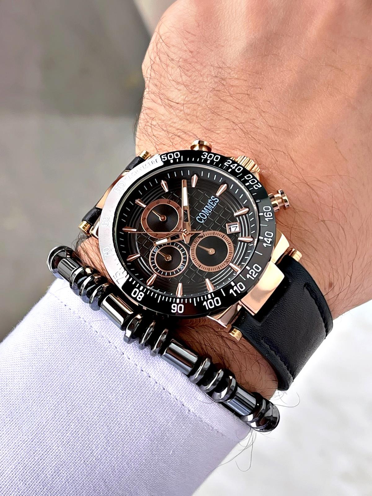 Commes Deri Kordon Kronometre ve Takvimli Siyah Rose Gold Renk Unisex Klasik Kol Saati CM1903D-BRBR