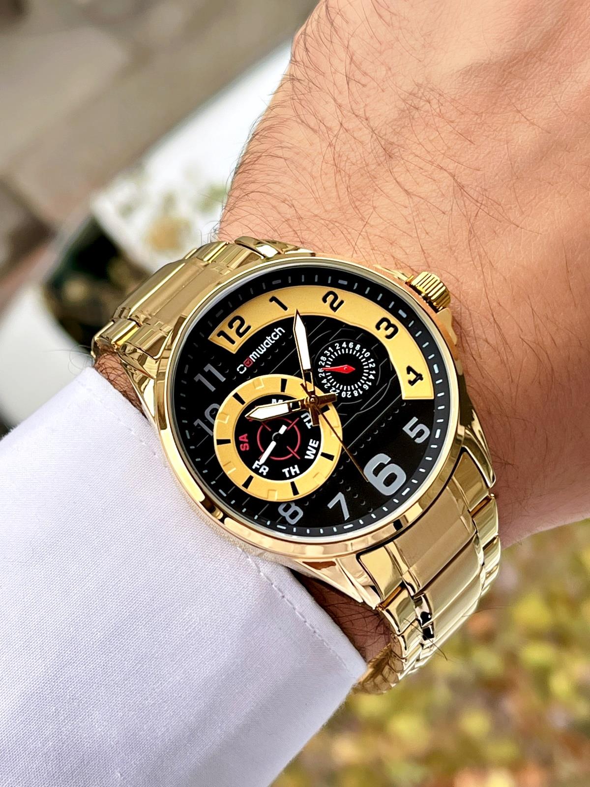 Comwatch Çelik Kordon Altın Renk Takvimli Erkek Klasik Kol Saati 3001-GGG