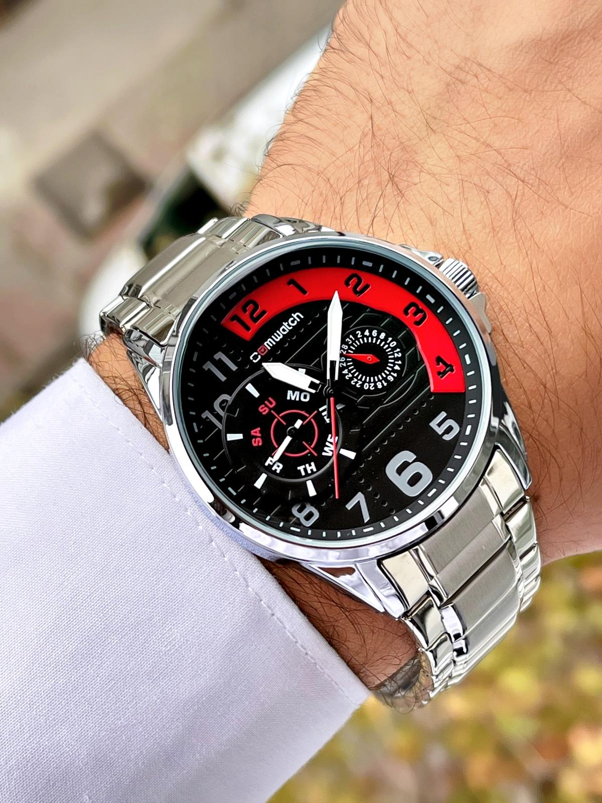 Comwatch Çelik Kordon Gümüş Kırmızı Renk Takvimli Erkek Klasik Kol Saati 3001-SSK