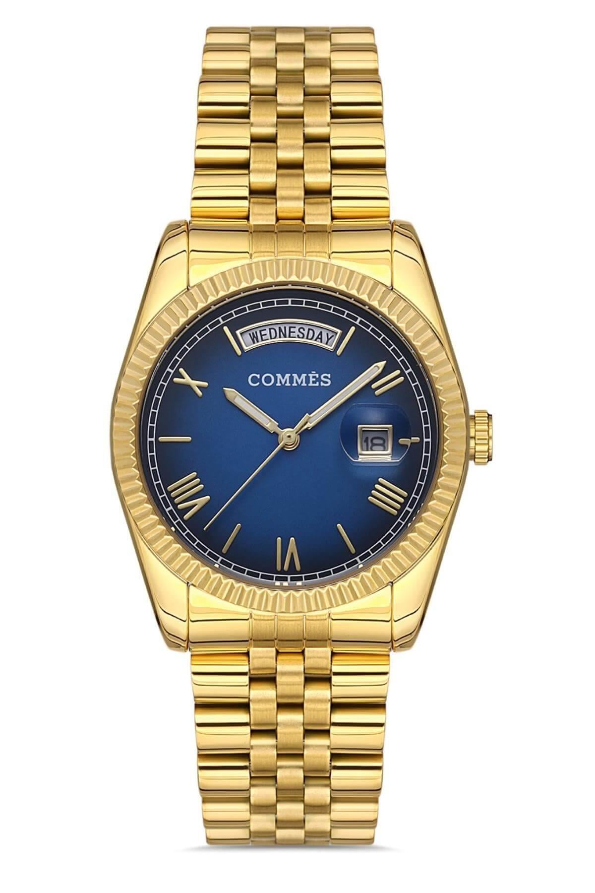 Commes Çelik Kordon Altın Mavi Renk Özel Kesim Camlı Takvimli Kadın Klasik Kol Saati 0364L-GGM