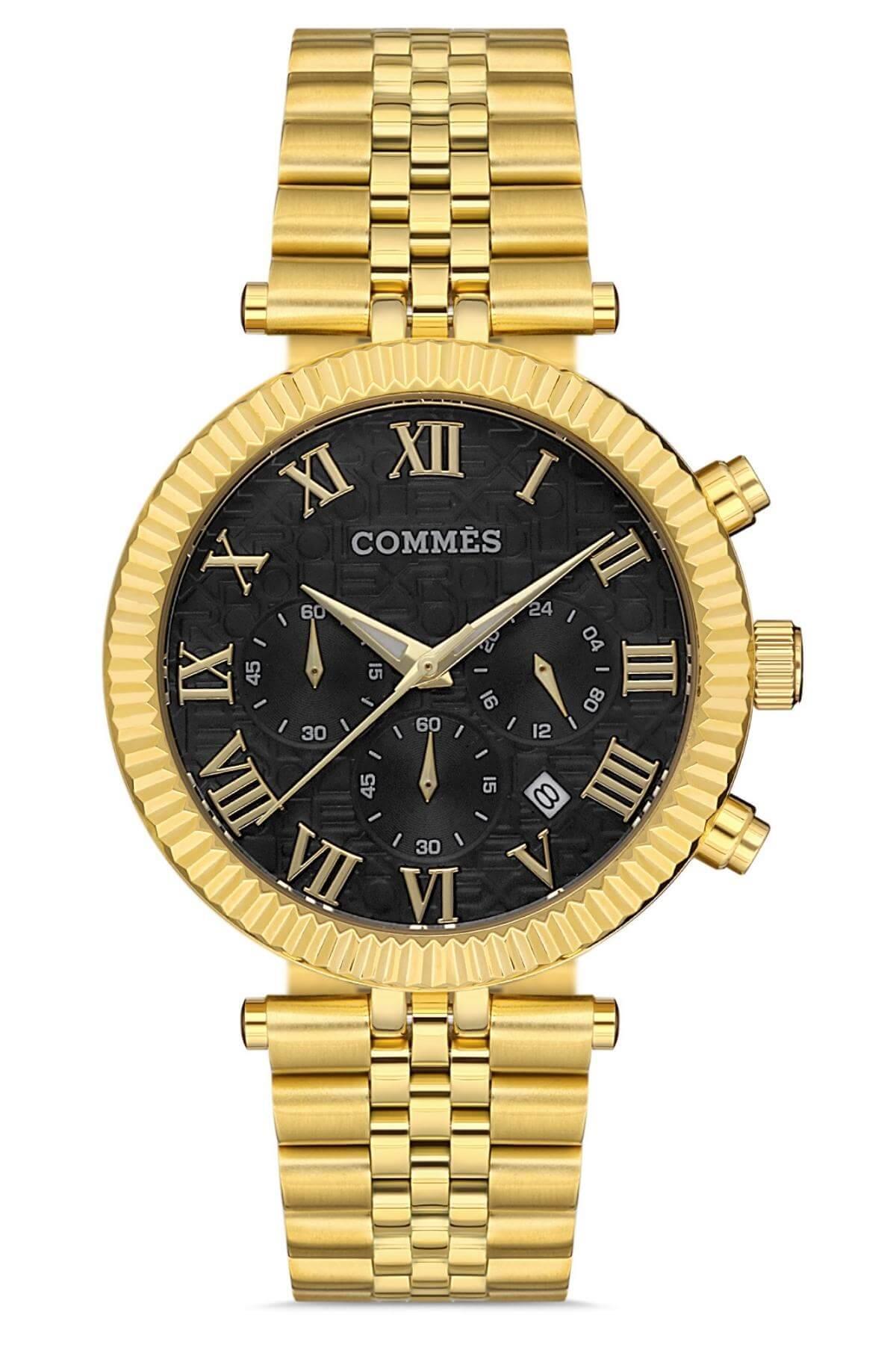 Commes Çelik Kordon Altın Siyah Renk Özel Kesim Kasa Kronometreli Erkek Klasik Kol Saati 0365-GGB