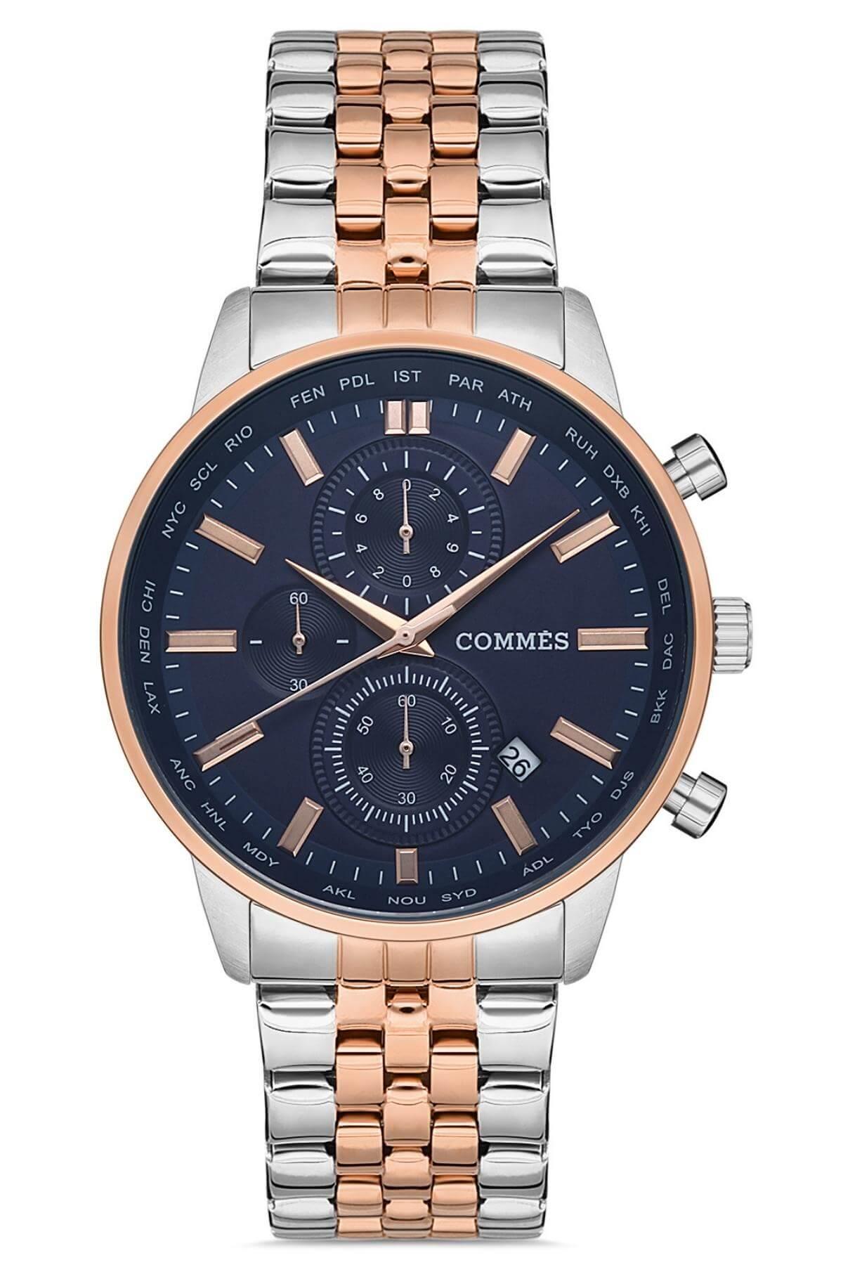 Commes Çelik Kordon Gümüş Mavi Renk Kronometre ve Takvimli Erkek Klasik Kol Saati 0372-SRSRM